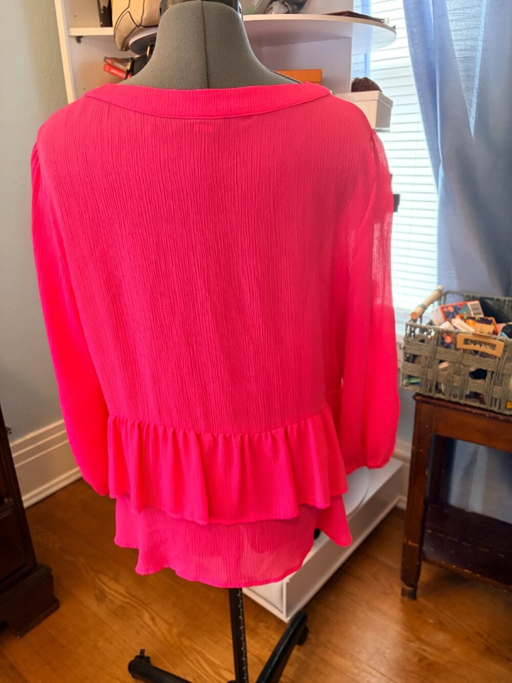 Hot Pink Peplum Blouse Womens L Sheer Long Sleeve Button Top Barbiecore Workwear - Picture 11 of 12